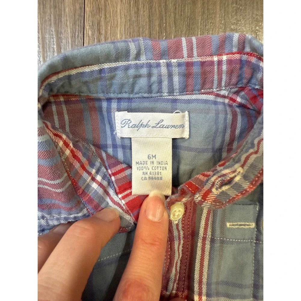 Ralph Lauren Boys‎ Plaid Romper Short Sleeve 6 Month Blue Red Preppy Classic
